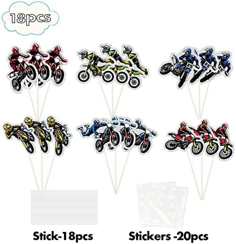 MEFENG 18Pcs Dirt Bike Cupcake Toppers - Extreme Motocross Cupcake Decorations - Happy Birthday Cake Picks for Motorcycle Lover - Dirt Bike Party Decorations
