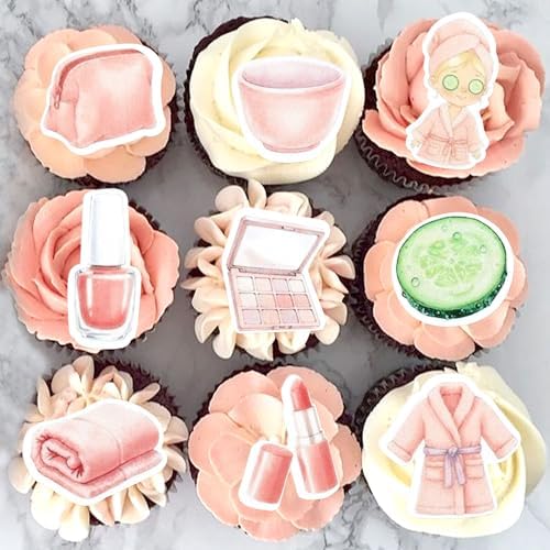 Ercadio 45 Pcs Edible Spa Party Cupcake Toppers Mask Slumber Cupcake Picks Pajamas Blindfold Lip Nail Polish for Spa Day Cupcake Decor Makeup Spa Party Supplies Birthday Party Favors Cake Decoration