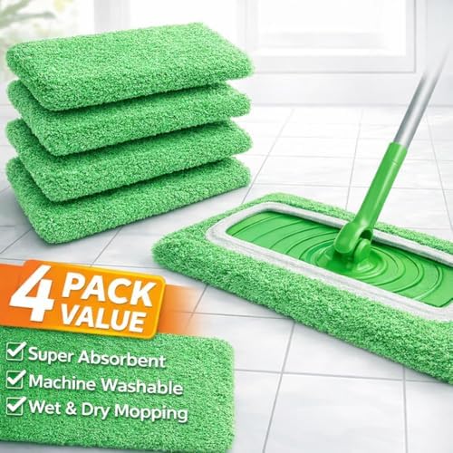 4 Pack Reusable Mop Pads Compatible with Swiffer Sweeper, Washable Microfiber Replacement Refills for Wet & Dry Floor Cleaning, Durable Mopping Cloths for Hardwood, Tile & Laminate