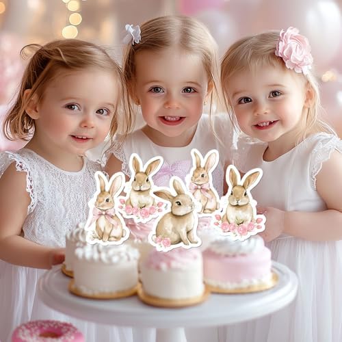 36Pcs Bunny Cupcake Toppers, Pink Bow Floral Bunny Birthday Cupcake Picks Rabbit Theme Party Decoration for Girls Birthday Party Baby Shower Supplies