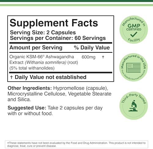 Double Wood Supplements Ashwagandha KSM 66 Organic and Clinically Studied Extract (600mg Per Serving, 120 Capsules, 60 Servings) Adaptogen Cortisol Manager for Women and Men