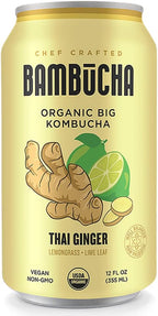 Bambucha Kombucha Thai Ginger 12 Pack Case | Chef Crafted Flavor, 100% Raw Kombucha Tea Drink | Organic, Vegan, Gluten Free, Non GMO, Probiotic (12 Fl Oz Cans)