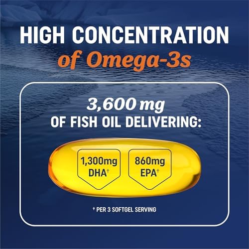 Triple Strength Omega 3 Fish Oil 3600 mg | EPA & DHA | Over 2100mg Omega-3 Fatty Acids | 1300mg EPA + 860mg DHA | Best Essential Fatty Acids | Premium Wild Caught & Burpless Fish Oil | 120 Ct