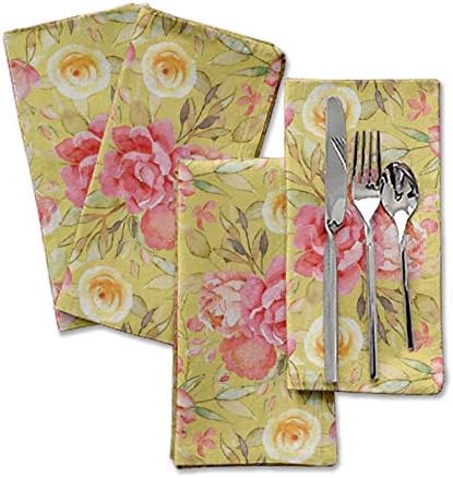 S4Sassy Yellow Leaves & Peony Floral Cotton Napkin Printed Everyday Basic Washable Table Linen 18 x 18(Pack of 6)