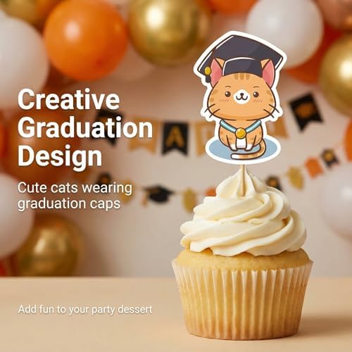 24 Pcs Cat Graduation Cupcake Toppers Cute Kitten Grad Cap Cupcake Picks for 2026 Graduation Party Decorations Kindergarten Preschool Elementary School Graduate Supplies