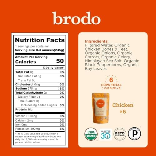 Brodo Ready to Drink Organic Chicken Collagen Rich Bone Broth, with Collagen, On The Go, 10 g Protein, Collagen Protein, Not from Concentrate, Collagen, No Preservatives 8 oz (Pack of 6)