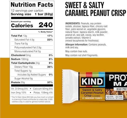 KIND Protein MAX Sweet & Salty Caramel Peanut Crisp Snack Bars, Keto Friendly, 20g Protein, 12 Count