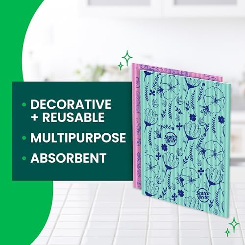 Scotch-Brite Sponge Cloths, Reusable, Absorbent, and Decorative Cleaning Towel, Dishwasher-Safe Wipes Ideal for Nonstick Cookware, Tile, Countertops, Mirrors, and Faucets, 2 Dish Towels