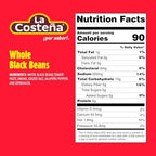 La Costeña Whole Black Beans - Ready-to-Eat Canned Black Beans for Mexican Food, Vegetarian Chili Ingredients, Frijoles Negros, Hummus, Dips, Burgers & Burritos - 19.75 oz, 6 Pack Bulk Canned Food