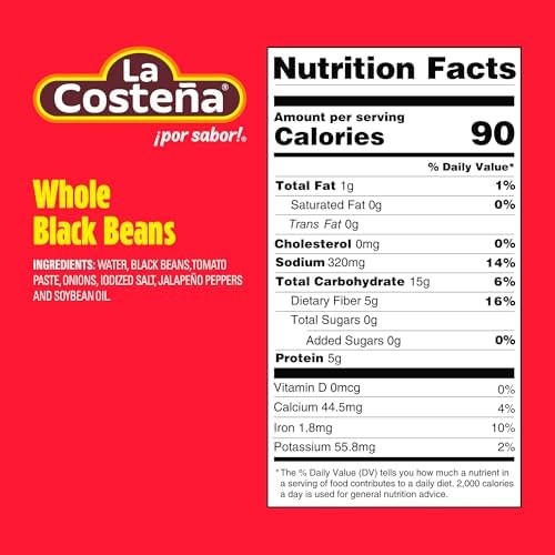 La Costeña Whole Black Beans - Ready-to-Eat Canned Black Beans for Mexican Food, Vegetarian Chili Ingredients, Frijoles Negros, Hummus, Dips, Burgers & Burritos - 19.75 oz, 6 Pack Bulk Canned Food