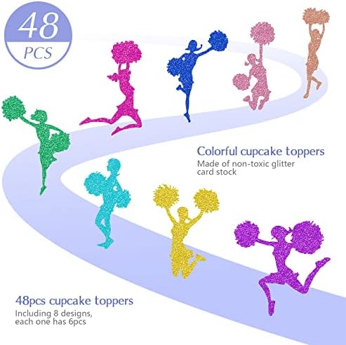 48 Pieces Cheerleader Cupcake Toppers Glitter Cheerleading Gymnastics Cupcake Picks Cheer Team Cake Decorations Girl Toothpicks Cake Decor for Girls Birthday Party Favors Supplies
