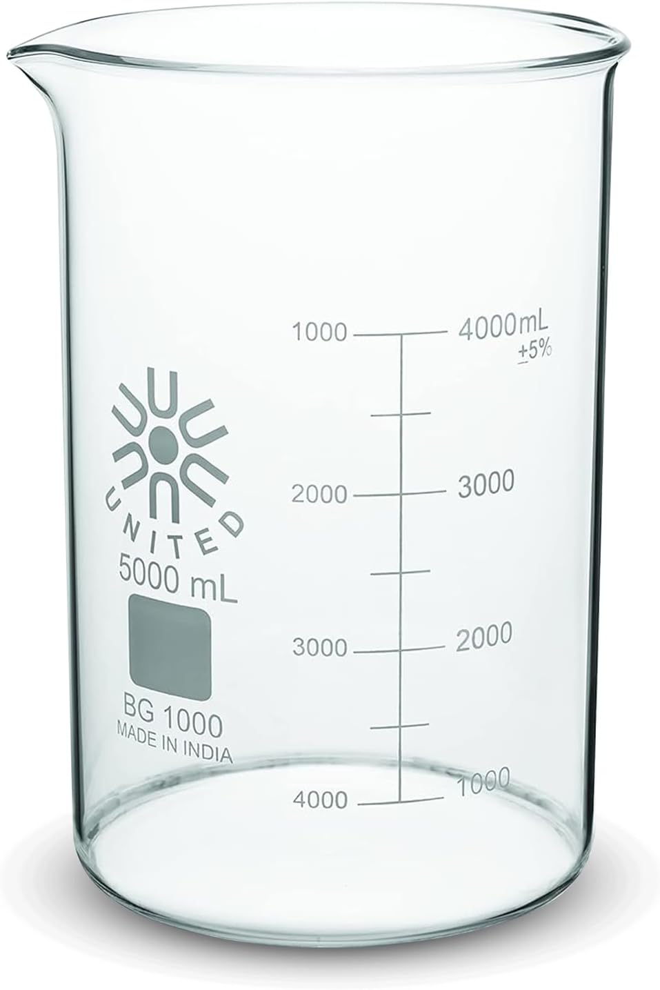 United Scientific™(5L) 5000mL Beaker - Low Form Griffin, 3.3 Borosilicate Glass Beaker, Double Scale Graduated Chemistry Glassware, Pour Spout, Beaded Rim & Autoclavable Laboratory Glassware, 1 Each