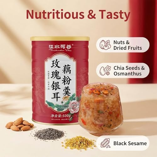 TXDYNLLK Lotus Root Powder Soup Mix, Instant Chinese Asian Cuisine, Includes Nuts Dried Fruit, Chia Seeds, Osmanthus, Black Sesame Seeds, Jujube & Sweet Snacks Box, Family Meal Drinks(17.63oz)500g