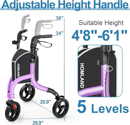 HOMLAND 3 Wheel Walkers for Seniors, Foldable Wheeled Rollator with Cane Hold and Cup Hold, Lightweight Three Wheel Rolling Walker Height Adjustable for Seniors