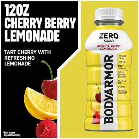 BODYARMOR ZERO Sugar Cherry Berry Lemonade Electrolyte Drink, Natural Flavors, 12 Fl Oz Bottles (8 Pack), B Vitamins & Antioxidants Sugar Free Hydration