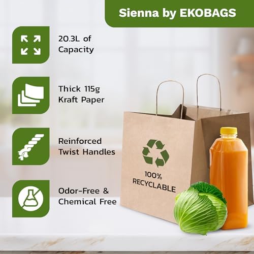 EKOBAGS SIENNA 100 | 12x8x13 inches, Kraft Paper Gift Bags with Handles | 115 GSM Brown Paper Bags for Small Business, Shopping & Party Favors | Recyclable | Holds up to 20.3L/10 lbs