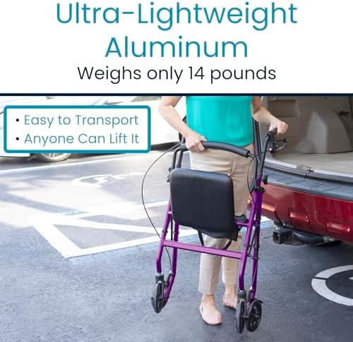 Vive Ultra Lightweight Rollator Walker with Seat - Foldable, Narrow, Rolling Senior Walker for Small Spaces - 4 Wheel Aluminum Adult Easy Drive Aid with Underseat Accessory - Weighs Only 14 Lbs