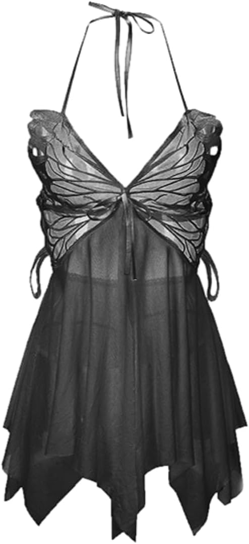 GRAYDREAM Sexy Lingerie for Women, Sexy Backless Mesh See-through Tempting Butterfly Halterneck Suspender Nightgown