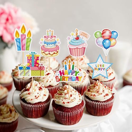 24pcs Happy Birthday Cupcake Toppers Colorful Birthday Cupcake Picks Baby Showe Kids' Birthday Party Decorations