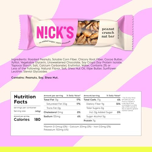 N!CK'S Peanut Crunch Keto Nut Bar, No Added Sugar, 3g Net Carbs, 7g Protein, 180 Calories, Vegan Chocolate, Keto Candy, Gluten Free, Low Carb Snack, Bulk Saving (pack of 30) 40.0 grams