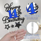 14th Birthday Cake Topper, Black Blue Happy 14th Birthday Cake Toppers for Boy Girl, 14 Years Old Birthday Party Supplies, Glitter Cake Decor, 14th Birthday Cake Decorations