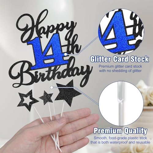14th Birthday Cake Topper, Black Blue Happy 14th Birthday Cake Toppers for Boy Girl, 14 Years Old Birthday Party Supplies, Glitter Cake Decor, 14th Birthday Cake Decorations