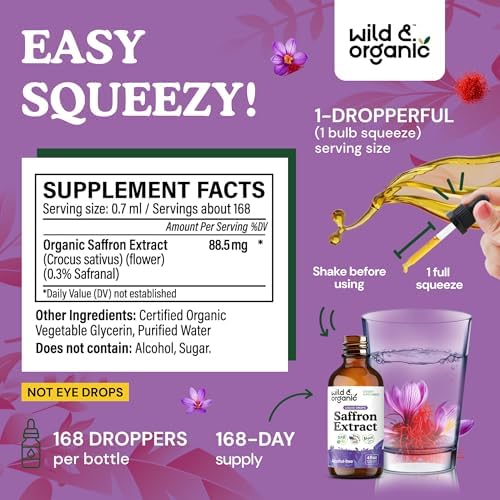 Wild & Organic Saffron Supplements 88.5 mg - Mood, Focus & Eye Support - Saffron Extract Liquid Drops - Add to Tea - 5-Month Supply - Crocus Sativus Herb - Vegan, Sugar & Alcohol-Free Tincture - 4 oz