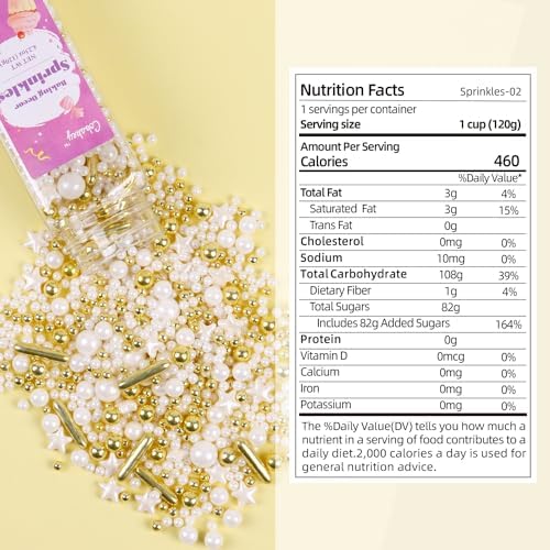 White Deluxe Gold Sprinkles for Cake Decorating 4.23ounce - Sugar Mix Contains Star & Pearl Sprinkles for Cupcake Toppers, Ice Cream, Candy, Cookie Decorations - Holiday Party Supplies