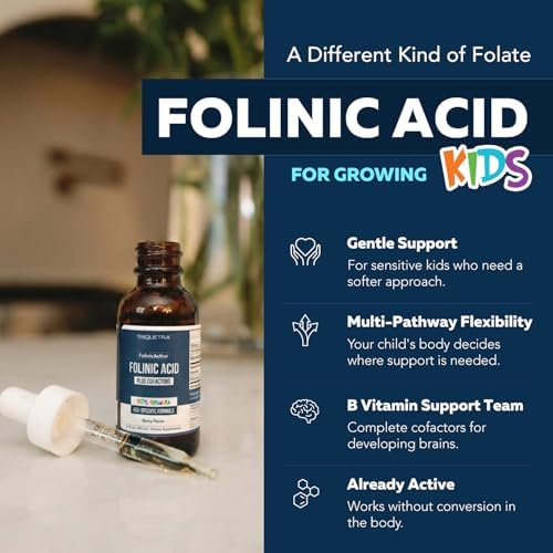 Organic FolinicActive Kids - Folinic Acid + B12, B6 & B2 Cofactors - Gentle Methylation Support for Mood, Energy & Cognition, Age Adjustable Dosing for Kids 1-18, Non GMO, Vegan, Berry Flavor (60mL)