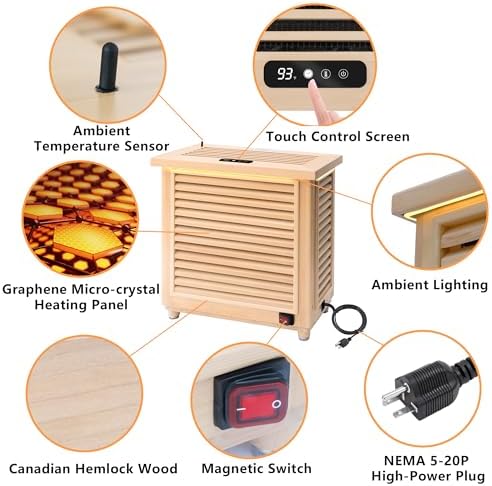 Far-Infrared Sauna Heater 110V 2KW Plug-in(20Amp) for 35-140 cu.ft Home Hotel Dry Sauna, High Heating Efficiency, Stone-Free, Hemlock Wood, Touch+WiFi, Max 165 °F Adjustable (2000W)