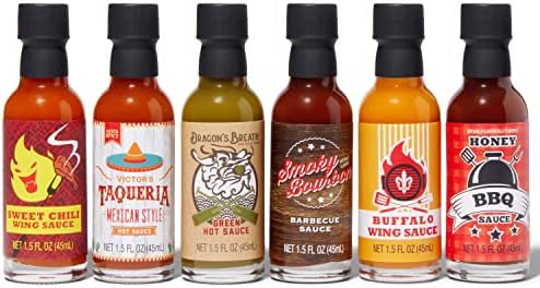 Thoughtfully Gourmet, Street Food Sauces Hot Sauce and BBQ Gift Set, Flavors: Diablo Wings Sauce, Louisiana and More, Vegan and Vegetarian, Set of 6