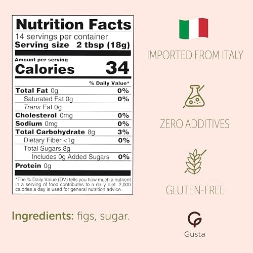 Gusta Figs Jam Preserve - Made in Italy Fruit Preserve & Jam - Only 2 Ingredients - Perfect Fig Jam for Baking - Non-GMO, All Natural - Fresh & Genuine Italian Delicacy - 9.17oz Glass Jar