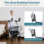 ELENKER Upright Rollator Walker, Stand Up Walkers for Seniors with Armrest, Front Pouch, 10”Wheels, Sponge Padded Seat and Backrest, Fully Adjustment Frame, Blue