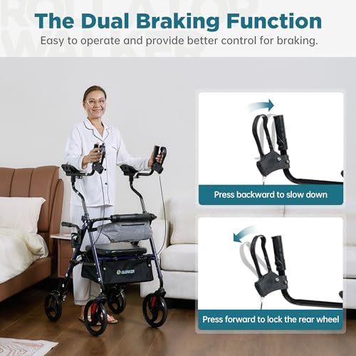 ELENKER Upright Rollator Walker, Stand Up Walkers for Seniors with Armrest, Front Pouch, 10”Wheels, Sponge Padded Seat and Backrest, Fully Adjustment Frame, Blue