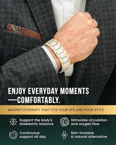 MagnetRX® 3X Strength Magnetic Bracelets for Men – Effective Magnetic Titanium Bracelet for Men – Premium Fold–over Clasp & Adjustable Length with Sizing Tool & Gift Box (Silver/Gold)