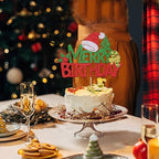 Merry Birthday Cake Topper,New Year Christmas Holiday Party Supplies,Red & Green Glitter Cake Decorations，Winter Holiday Cake Picks-Christmas Birthday Party Supplies