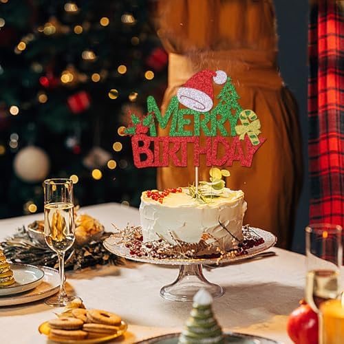 Merry Birthday Cake Topper,New Year Christmas Holiday Party Supplies,Red & Green Glitter Cake Decorations，Winter Holiday Cake Picks-Christmas Birthday Party Supplies