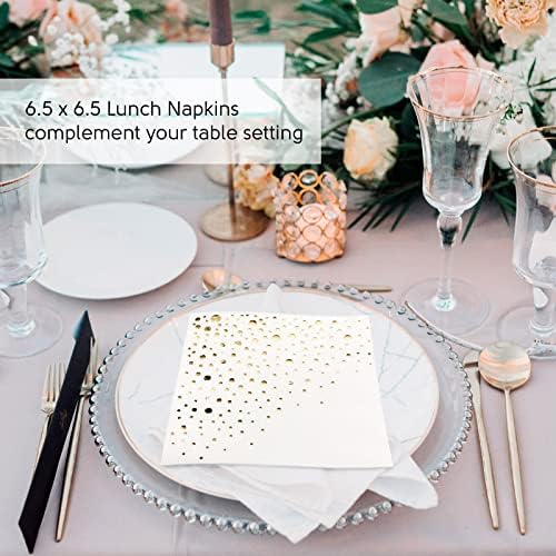 Stylish White and Gold Napkins for Party - 100 Pack of Gold Holiday Napkins - 6.5 x 6.5 Inch White and Gold Paper Napkins - 3-Ply Gold Luncheon Napkins - Wedding Napkins
