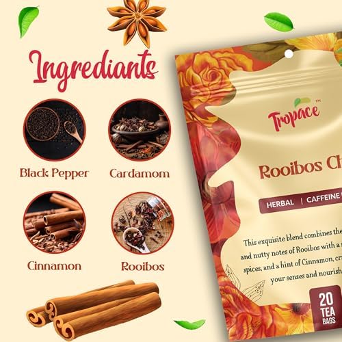 Tropace Organic Rooibos - 20 Tea Bags, South African Red Tea infused with Cardamom, Cinnamon & Black Pepper - Caffeine Free Herbal Tea, Rooibos Tea Rooted in Africa & Packed in USA, 1.4 oz (40g)