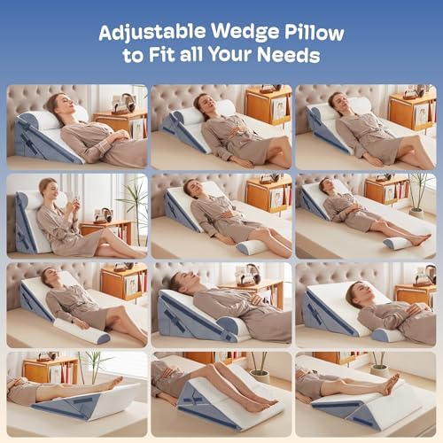 3PCS Wedge Pillow, Orthopedic Wedge Pillow for Acid Reflux, Back Pain Relief, Cooling Memory Foam Top, Bed Wedge Pillows for Headboard, Sleeping, Snoring, Back Support, After Surgery.