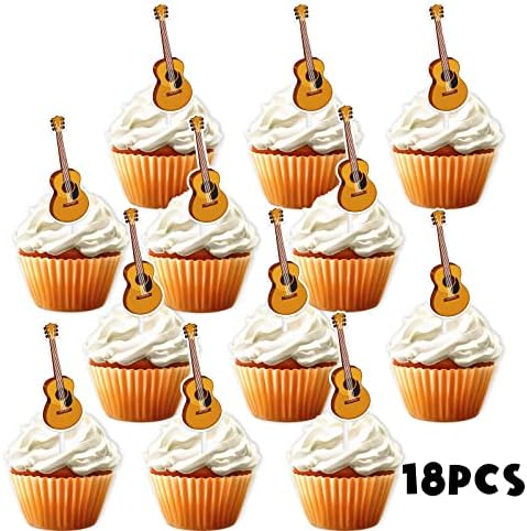 Guitar Dessert Cupcake Topper for Music Musician Party Theme Decor Supplies Baby Shower Boy Girl Happy Birthday Party Decoration 18pcs Gold Glitter