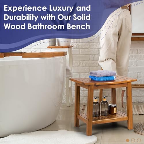Teak Shower Bench, 20" Solid Wood Shower Stool Waterproof Shower Seat with Storage Shelf for Bathroom, Indoor & Outdoor Use