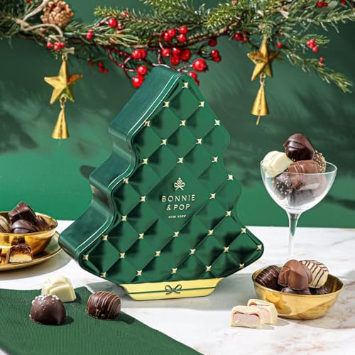 Christmas Chocolate Gift Basket, Christmas Tree Shaped Tin with Assorted Truffles, Holiday Stocking Stuffer Present, Festive, Corporate, Family, Gift Tin Idea for Men and Women, Bonnie and Pop
