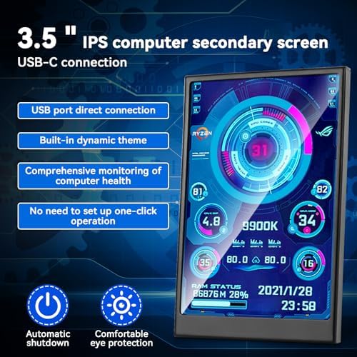 3.5 Inch IPS USB Mini Screen No Installation AIDA64 Pc Case Screen Computer Temp Monitor PC Temperature Display with Stand, USB Cable, Manual