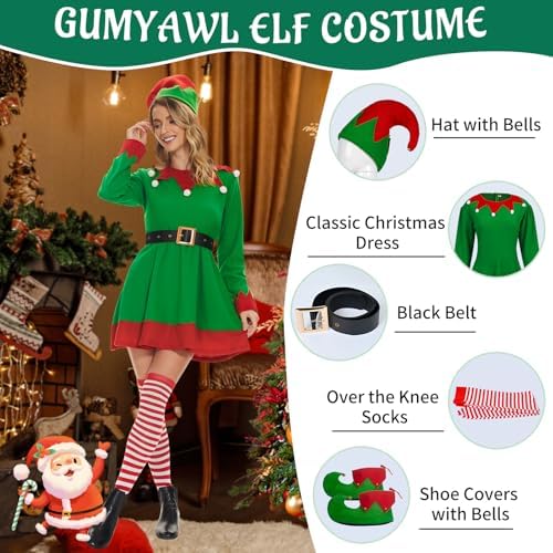 6Pcs Womens Christmas Elf Costume Adult Santa Helper Costume Christmas Dress Accessory for Xmas Fancy Outfit Party
