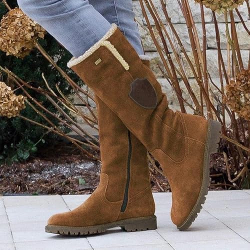 Knee High Snow Boots for Women Winter Outdoor Cotton Soft Non-Slip Riding Booties Round Toe Side Zipper Low Heel Womens Mid Calf Boots