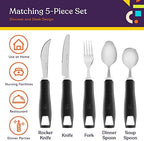 Special Supplies Adaptive Utensils 5-Piece Set Non-Weighted, Non-Slip Handles for Hand Tremors, Arthritis, Parkinson’s or Elderly Use - Stainless Steel Knife, Rocker Knife, Fork, Spoons (Black)