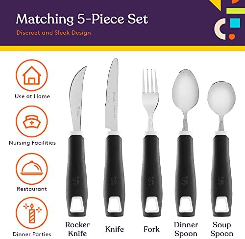 Special Supplies Adaptive Utensils 5-Piece Set Non-Weighted, Non-Slip Handles for Hand Tremors, Arthritis, Parkinson’s or Elderly Use - Stainless Steel Knife, Rocker Knife, Fork, Spoons (Black)