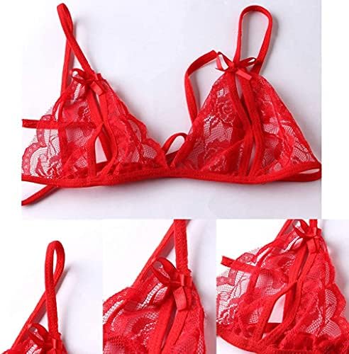 Women's Bra and Panty Set 2 Piece Sexy Lace Babydoll Lingerie Self Tie Bra and Strappy Panty Thong for Wedding Travel