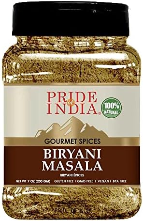 Pride Of India – Indian Biryani Masala Seasoning Spice - 7 oz. Medium Dual Sifter Jar - Easy to Use - Ideal for Layered Vegetable and Meat Pilaf – Suitable for Vegetarians & Vegans